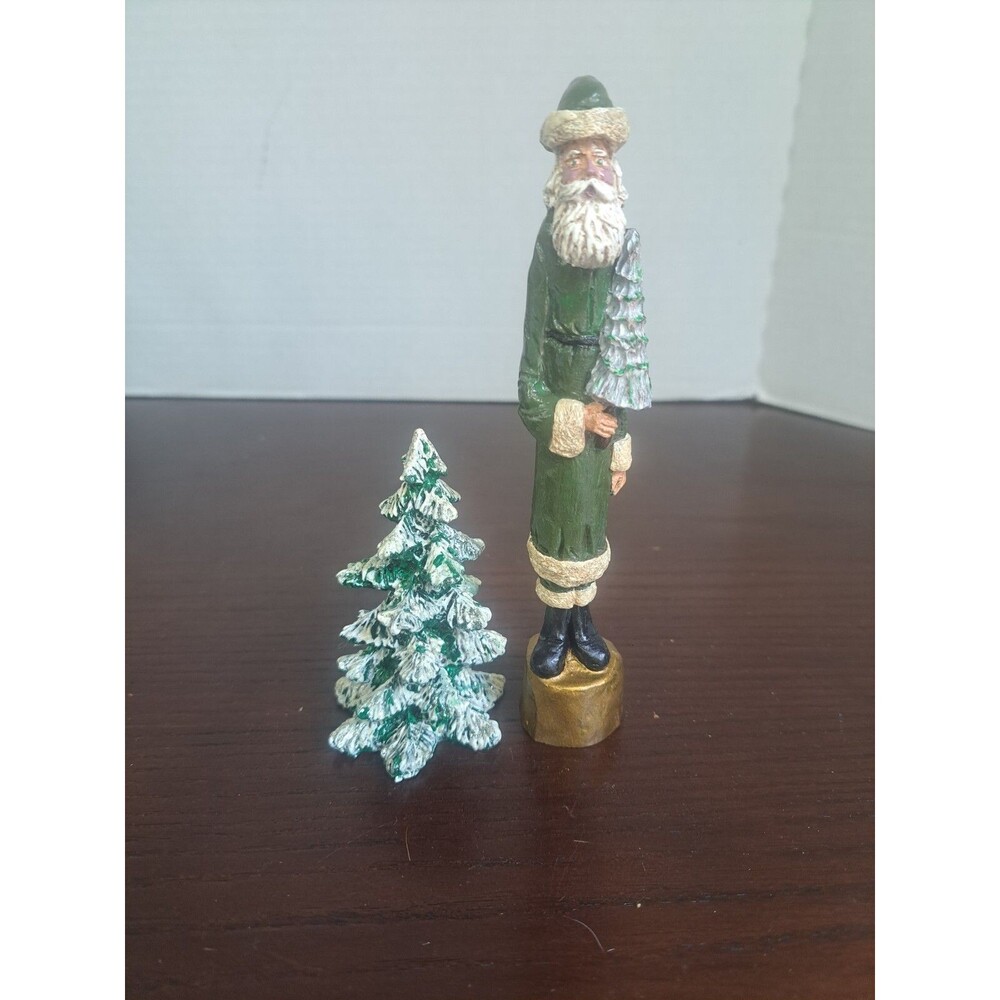 1993 Resin Santa And Christmas Tree Folkart Figurines Signed Dated Handpainted